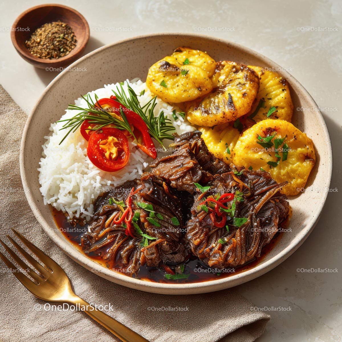 Savory Asian Dish with Rice, Vegetables, and Grilled Plantains
