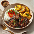 Savory Asian Dish with Rice, Vegetables, and Grilled Plantains