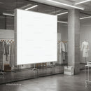 Minimalist fashion boutique interior with blank display panel