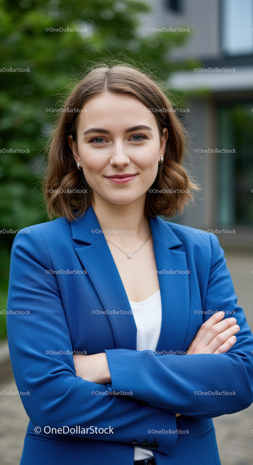 Portret pewnej siebie bizneswoman w niebieskiej marynarce na świeżym powietrzu