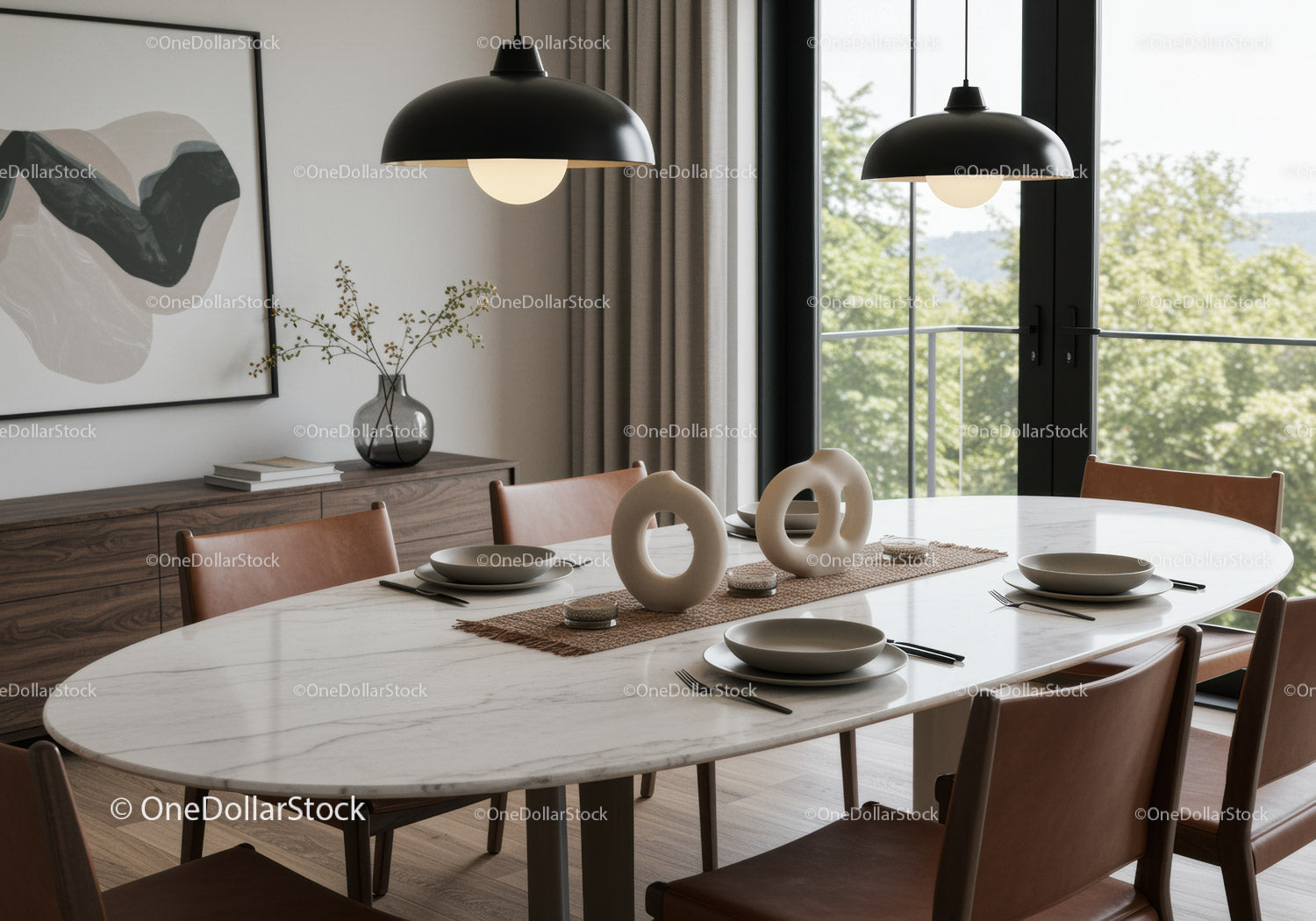 Elegant Modern Dining Room with Marble Table and Large Windows Scenic View