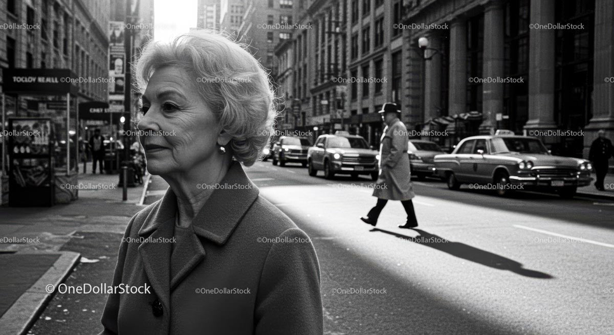 Elderly Woman in Busy City Street Surrounded by Vintage Cars