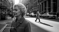 Elderly Woman in Busy City Street Surrounded by Vintage Cars
