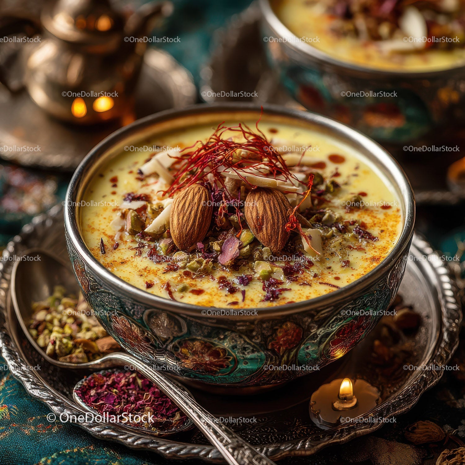 Silky Saffron and Pistachio Indian Dessert in Ornate Silver Bowl