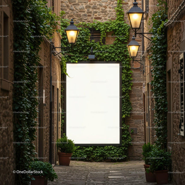 Empty Illuminated Billboard in Charming Narrow Alley JPG Mockup Image