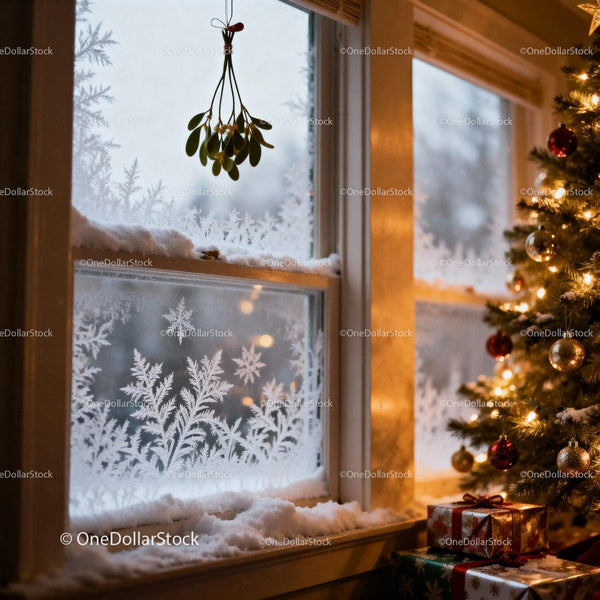 Cozy Christmas Window with Frost and Decorated Tree