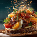 Delicious Open Faced Sandwich with Bacon Tomatoes and Eggs