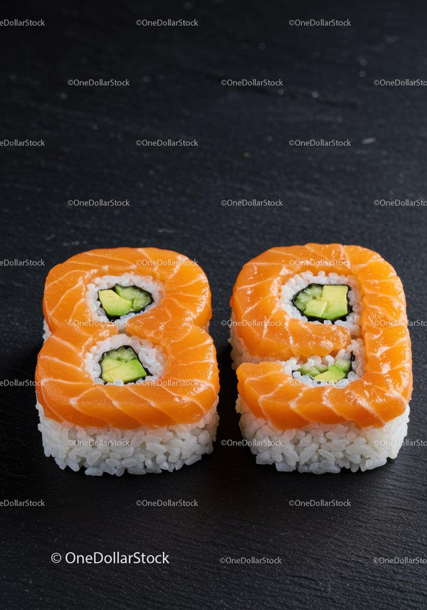 Sushi Rolls Shaped Like Number Eight On Black Surface