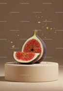 Fresh fig fruit slice on beige textured pedestal