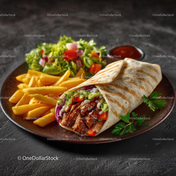 Grillowana tortilla z kurczakiem shawarma, frytkami i świeżą sałatką