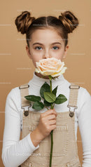Young Girl Holding a Pink Rose with Stylish Bun Hairstyle