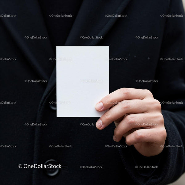 Hand Holding Blank White Card Against Black Coat JPG Mockup Image