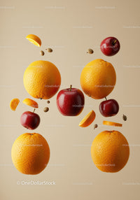Floating fresh oranges and red apples with seeds