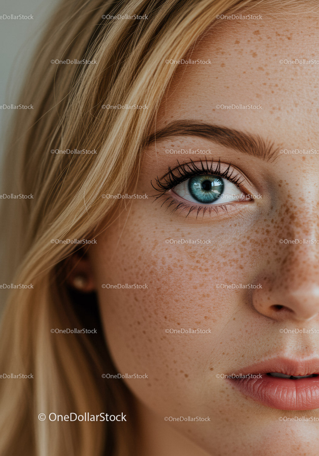 Close-up of woman with freckles and blue eye