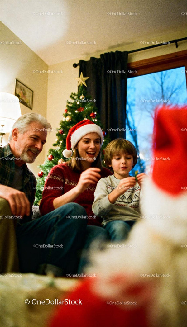 Family enjoying festive moments by decorated Christmas tree