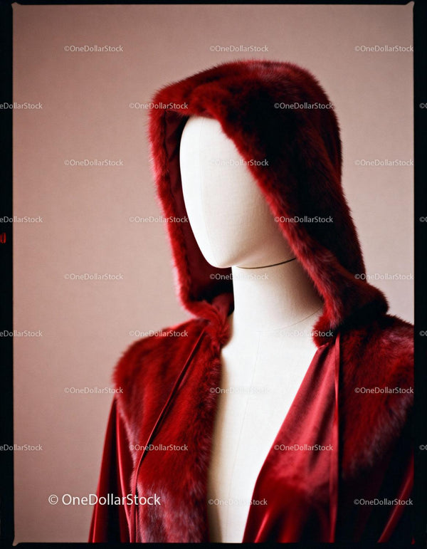 Red velvet hooded coat displayed on mannequin