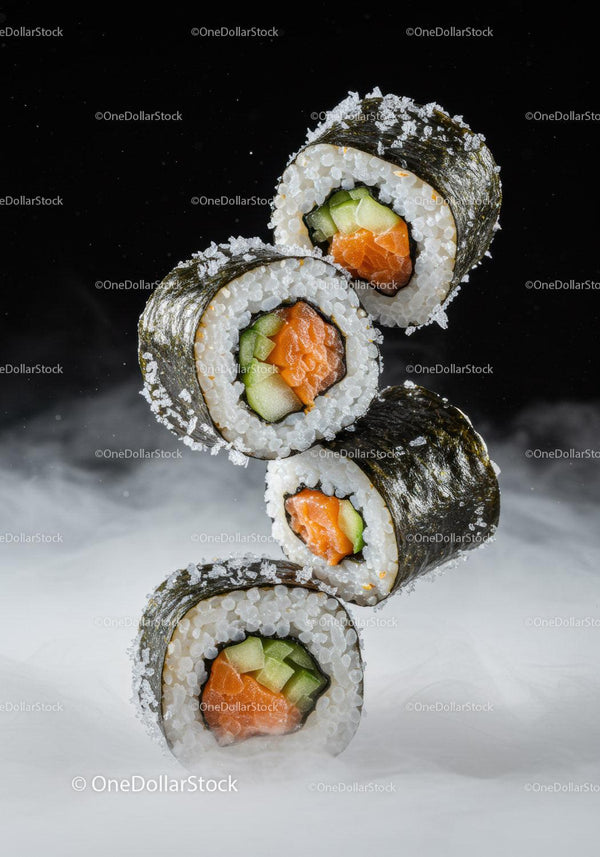 Fresh salmon cucumber sushi rolls with seaweed wrap