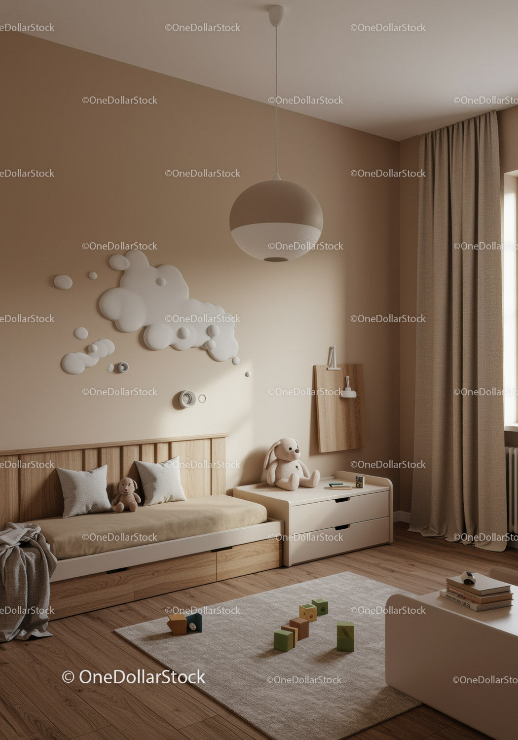 Cozy Kids Nursery with Cloud Wall Art and Wooden Furniture