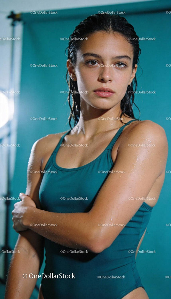 Focused young woman in wet swimsuit after swimming session