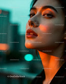 Close-up portrait of woman with warm city light
