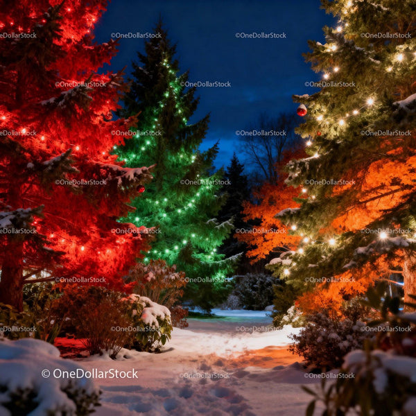 Snowy Garden Pathway with Colorful Holiday Lights