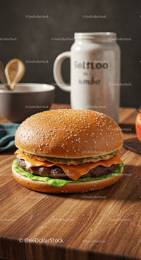 Classic cheeseburger with fresh lettuce on wooden table