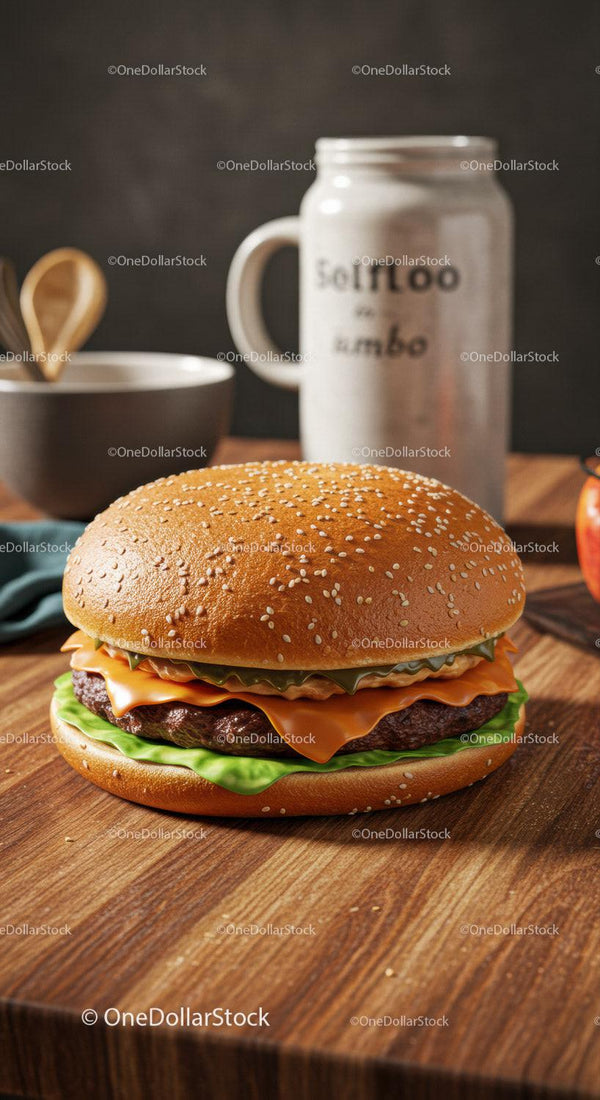 Klasyczny cheeseburger ze świeżą sałatą na drewnianym stole