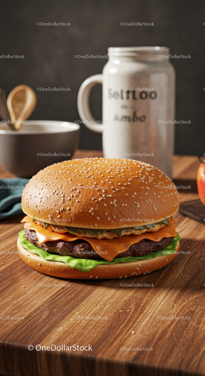 Klasyczny cheeseburger ze świeżą sałatą na drewnianym stole