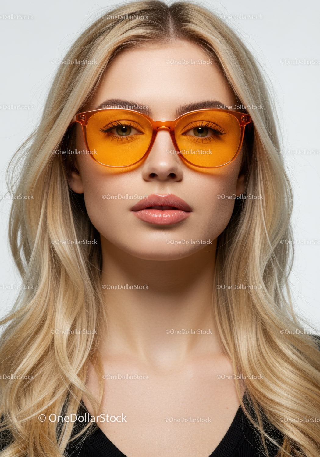 Stylish Blonde Woman Wearing Trendy Orange Sunglasses