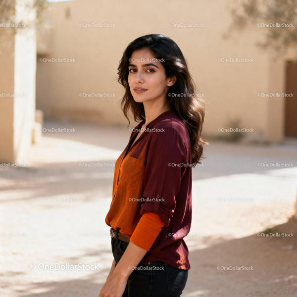 Confident young woman standing in sunlit courtyard