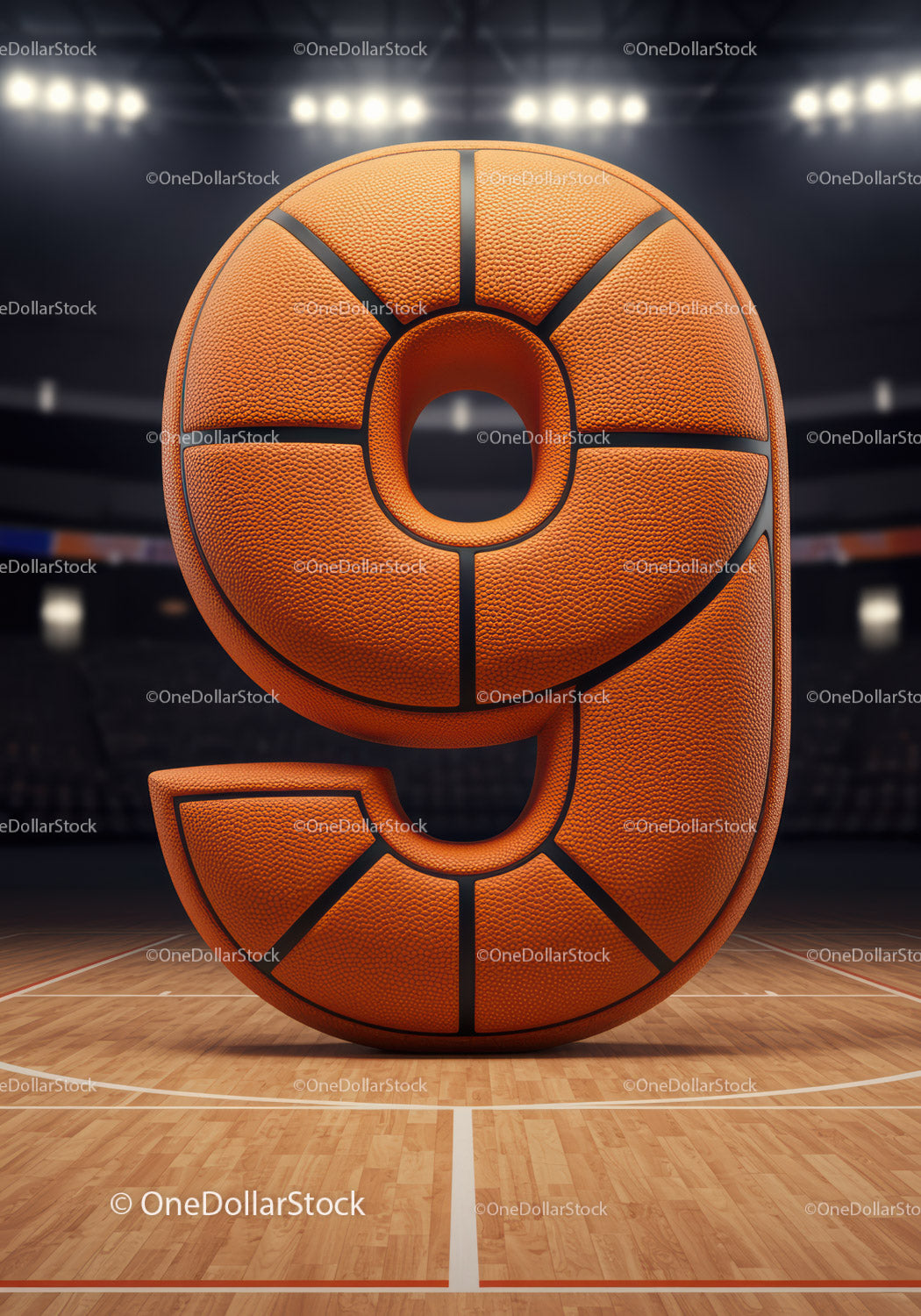 Basketball Styled Number Nine on Court Floor