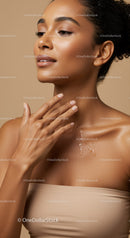 Elegant Woman with Glowing Skin in Nude Tones and Soft Lighting