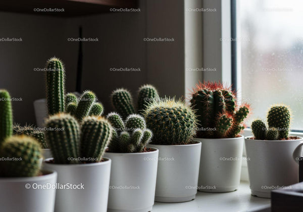 Collection of Green Cacti in White Pots Near Sunlit Window