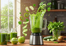 Fresh green smoothie blending with vibrant fruit splash
