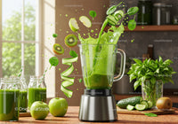 Fresh green smoothie blending with vibrant fruit splash
