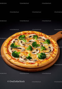 Fresh vegetable pizza topped with mushrooms and broccoli