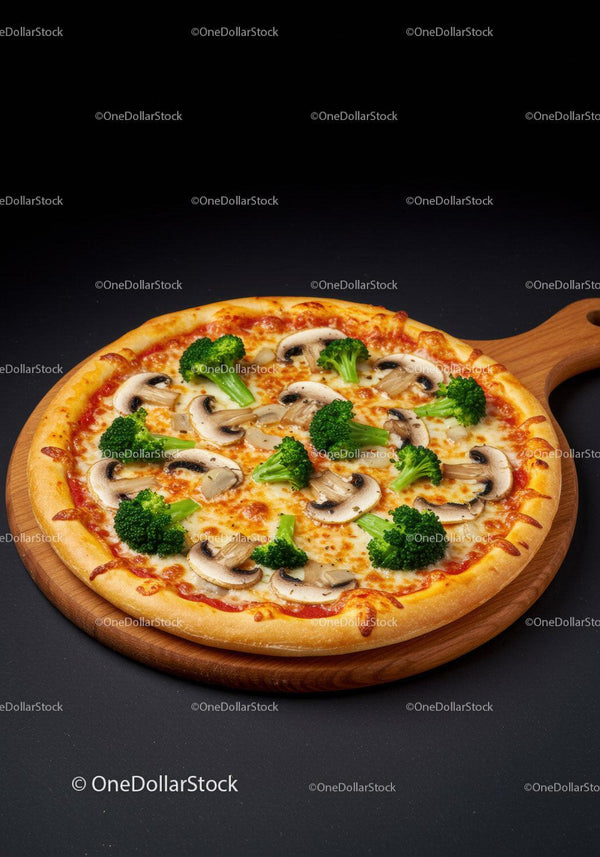Fresh vegetable pizza topped with mushrooms and broccoli