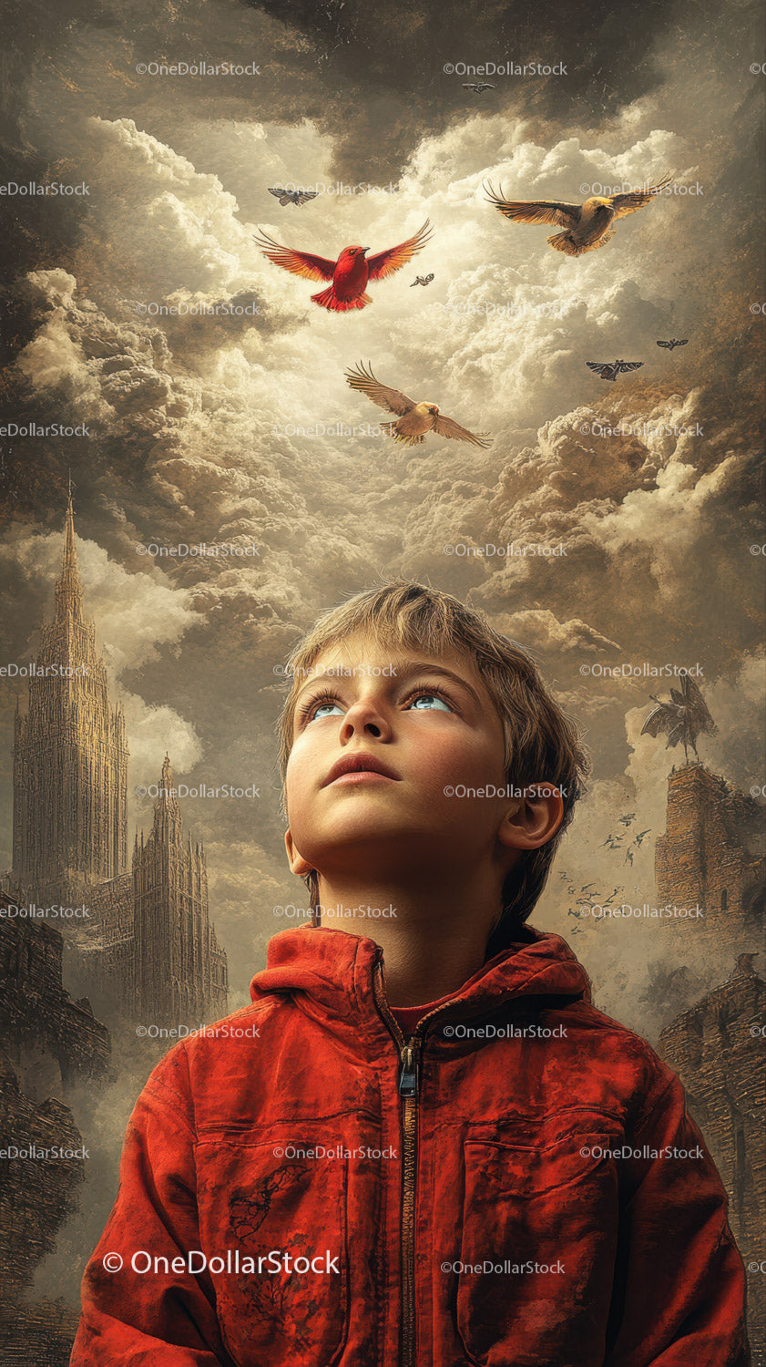 Child Gazing Up at Birds Amid Ruined Cityscape and Majestic Clouds