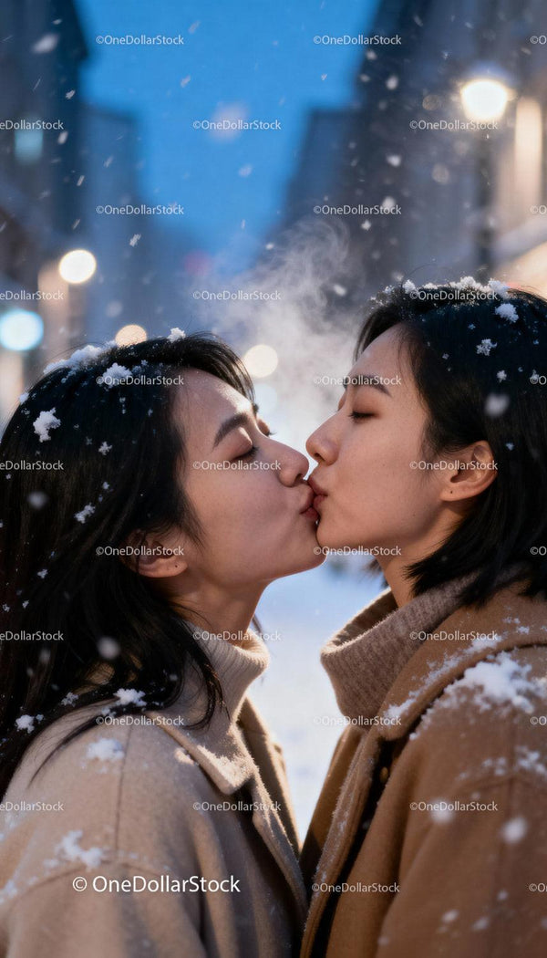 Couple sharing a tender kiss in snowy winter evening