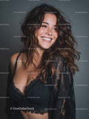 Bright Smiling Woman with Brunette Hair in Lingerie and Lace Robe