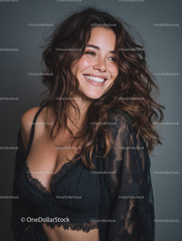 Bright Smiling Woman with Brunette Hair in Lingerie and Lace Robe