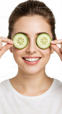 Joyful Young Woman with Cucumber Slices Over Eyes for Natural Beauty