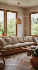 Cozy beige sofa with cushions in bright living room