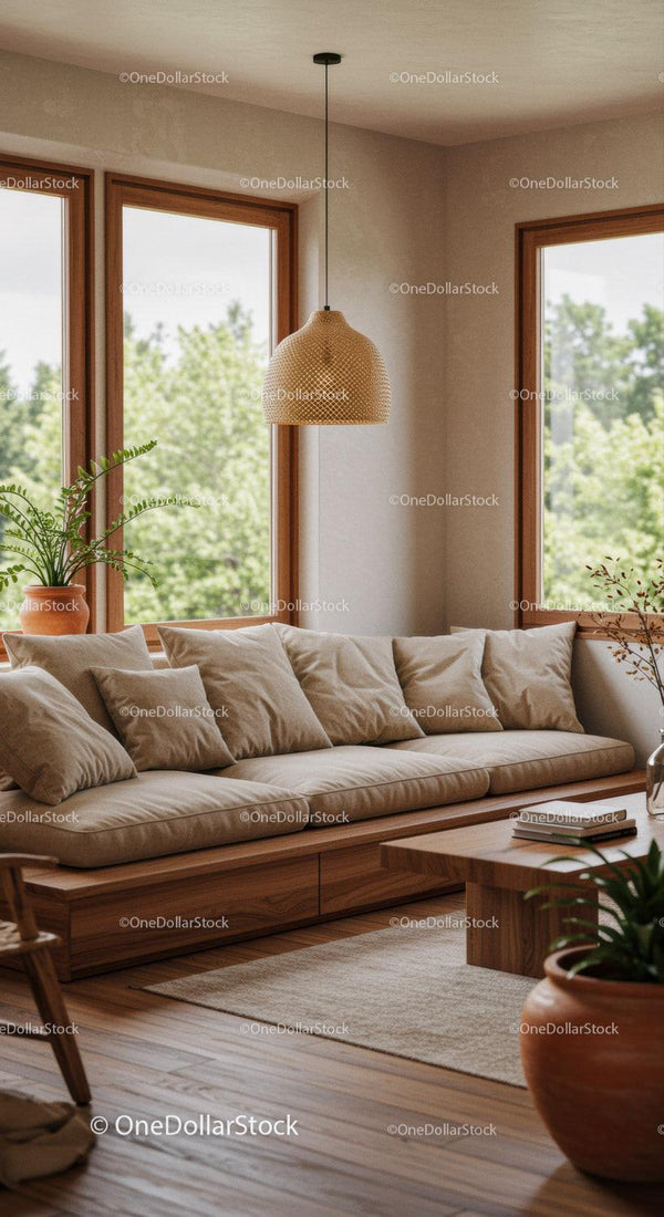 Cozy beige sofa with cushions in bright living room