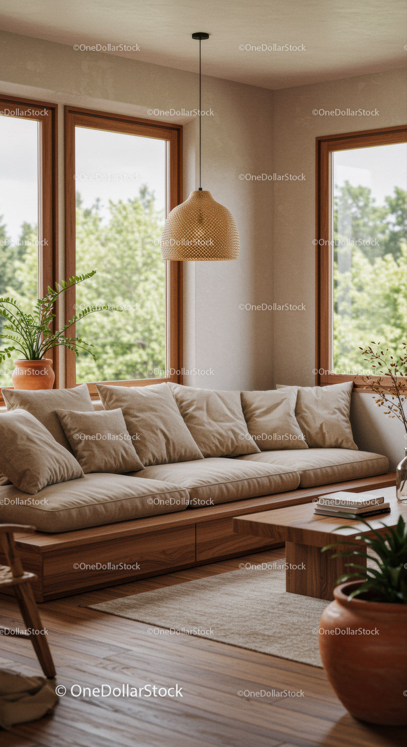 Przytulna beżowa sofa z poduszkami w jasnym salonie
