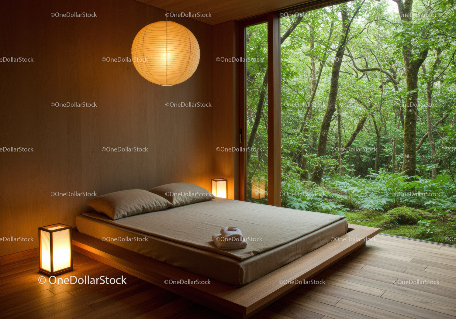 Minimalist bedroom with lush forest view through glass wall