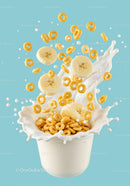 Cereal rings and banana slices splashing in milk cup