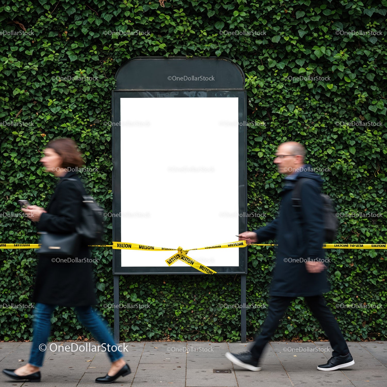 People Walking Past Empty Caution Taped Billboard Outdoors