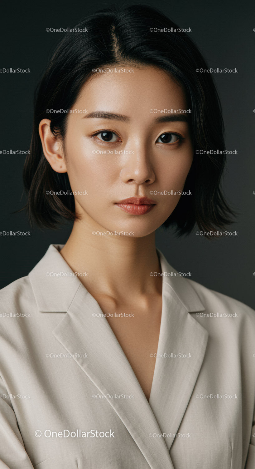 Elegant Asian Woman with Short Dark Hair in Sleek Studio Portrait