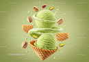Green Pistachio Ice Cream Scoops with Waffle Cone Pieces